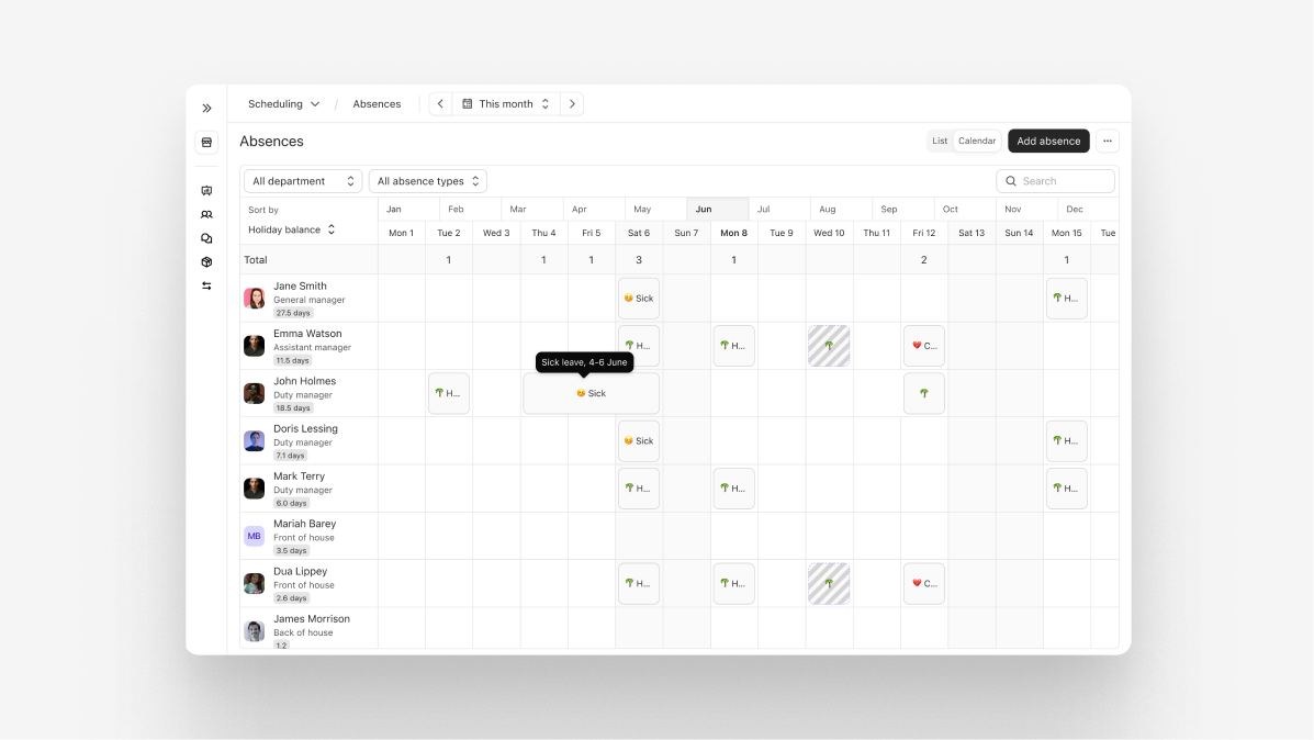 Absence calendar showing team leave across the month