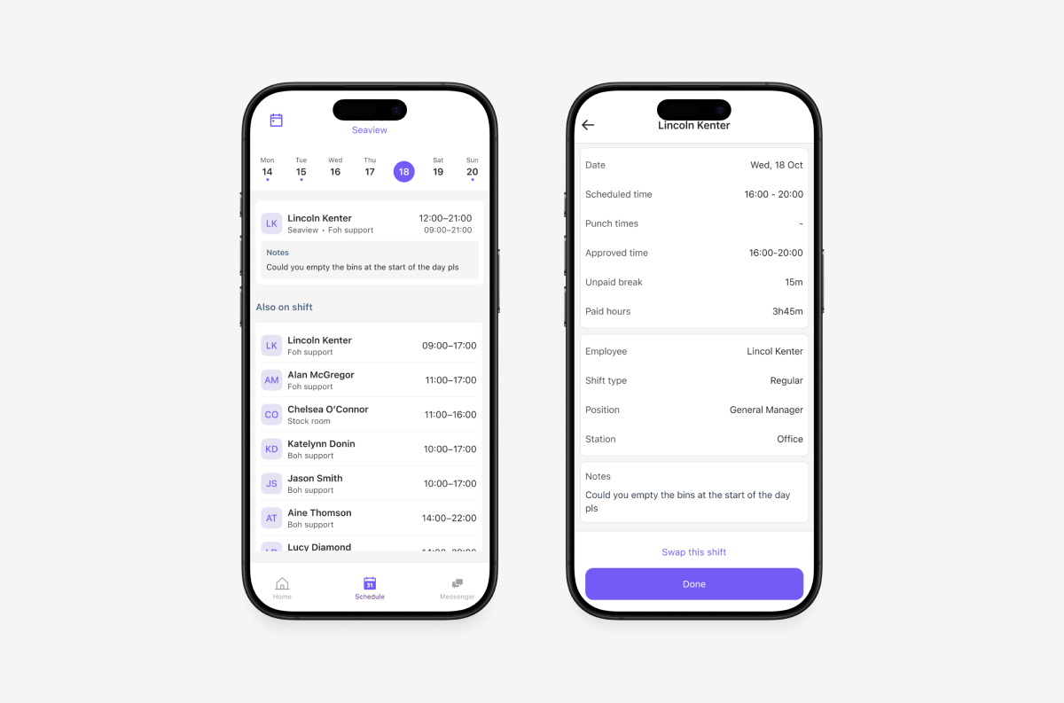 Nory scheduling on mobile: employee day view and shift detail