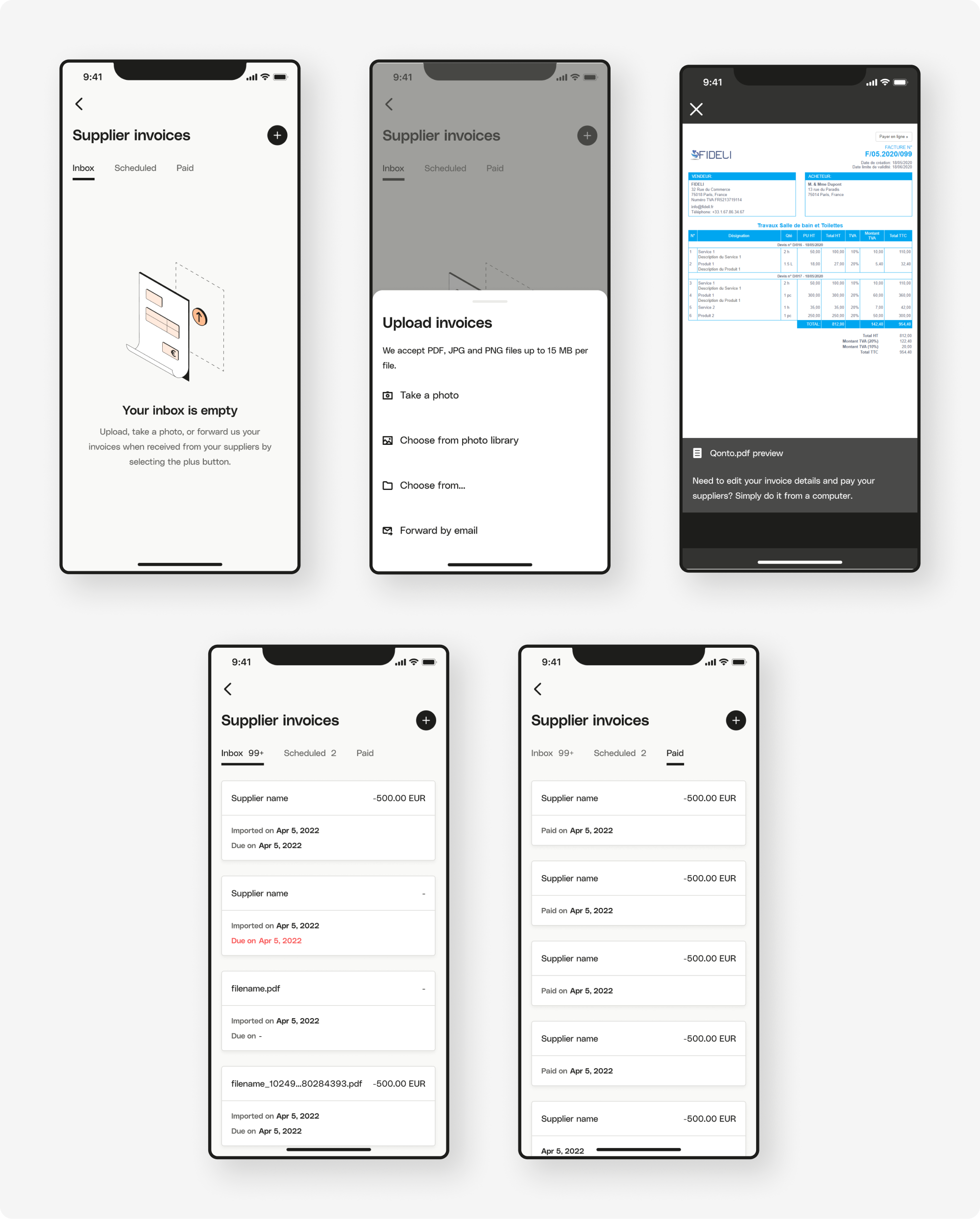 Mobile supplier invoices: empty inbox, upload sheet, PDF preview, inbox list, and paid list