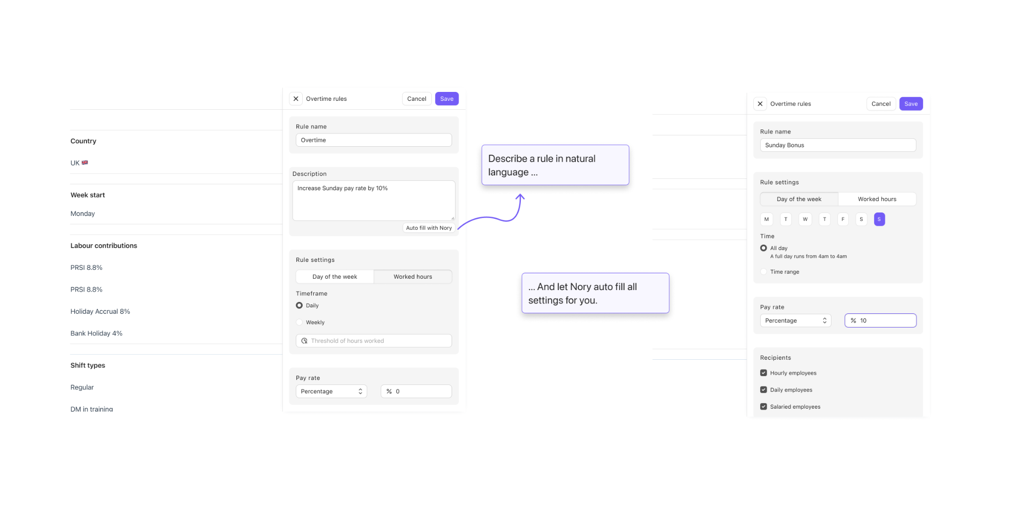 A manager types Increase Sunday pay rate by 10% into the description, and Auto fill with Nory produces a rule set to Sunday, all day, 10% percentage, for all employee types