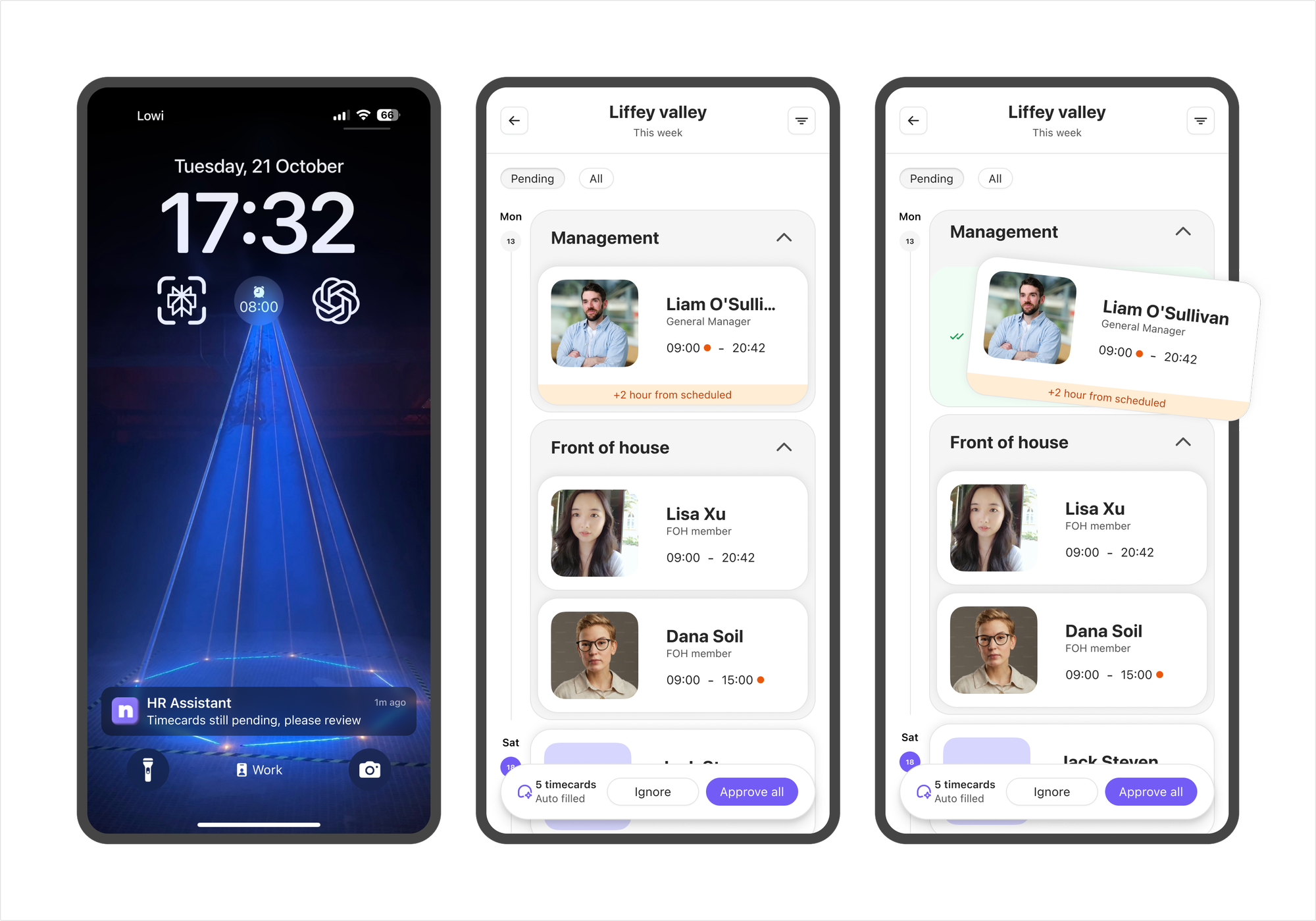 Three phone screens: an HR Assistant notification that timecards are pending, a weekly timecard list grouped by department with a +2 hour from scheduled flag, and a timecard being approved with Approve all for 5 auto-filled timecards