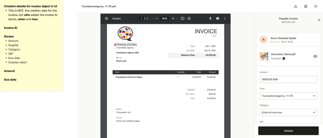 Wireframe explorations for the invoice sidepanel