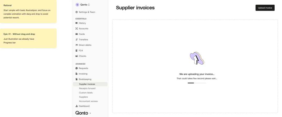 Upload exploration: drag and drop area and file picker
